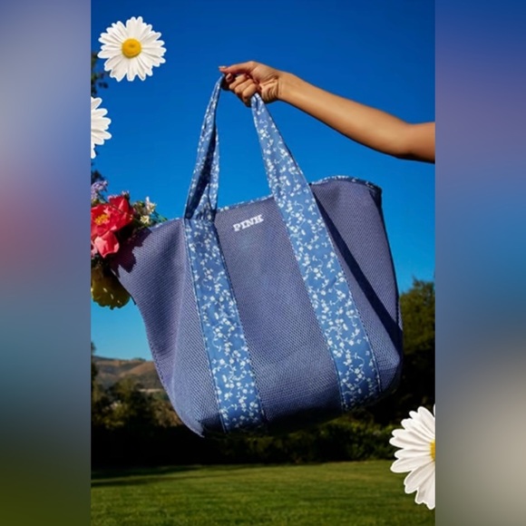 PINK Victoria's Secret Handbags - *FREE CANDLE *PINK Victoria's Secret Blue Floral Mesh Tote Bag 2025 NWT